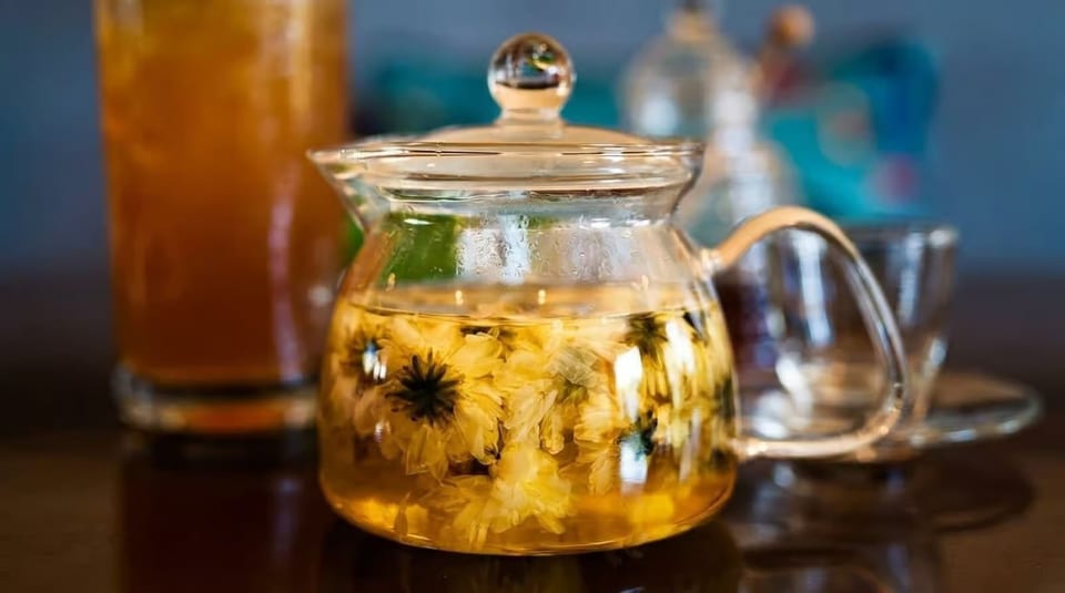 Glass teapot filled with golden chrysanthemum tea, next to a tall glass of iced tea.