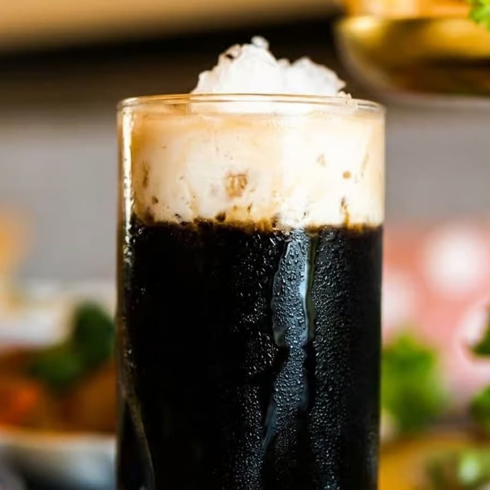 Close-up of a dark beverage with a thick layer of white foam and ice on top.
